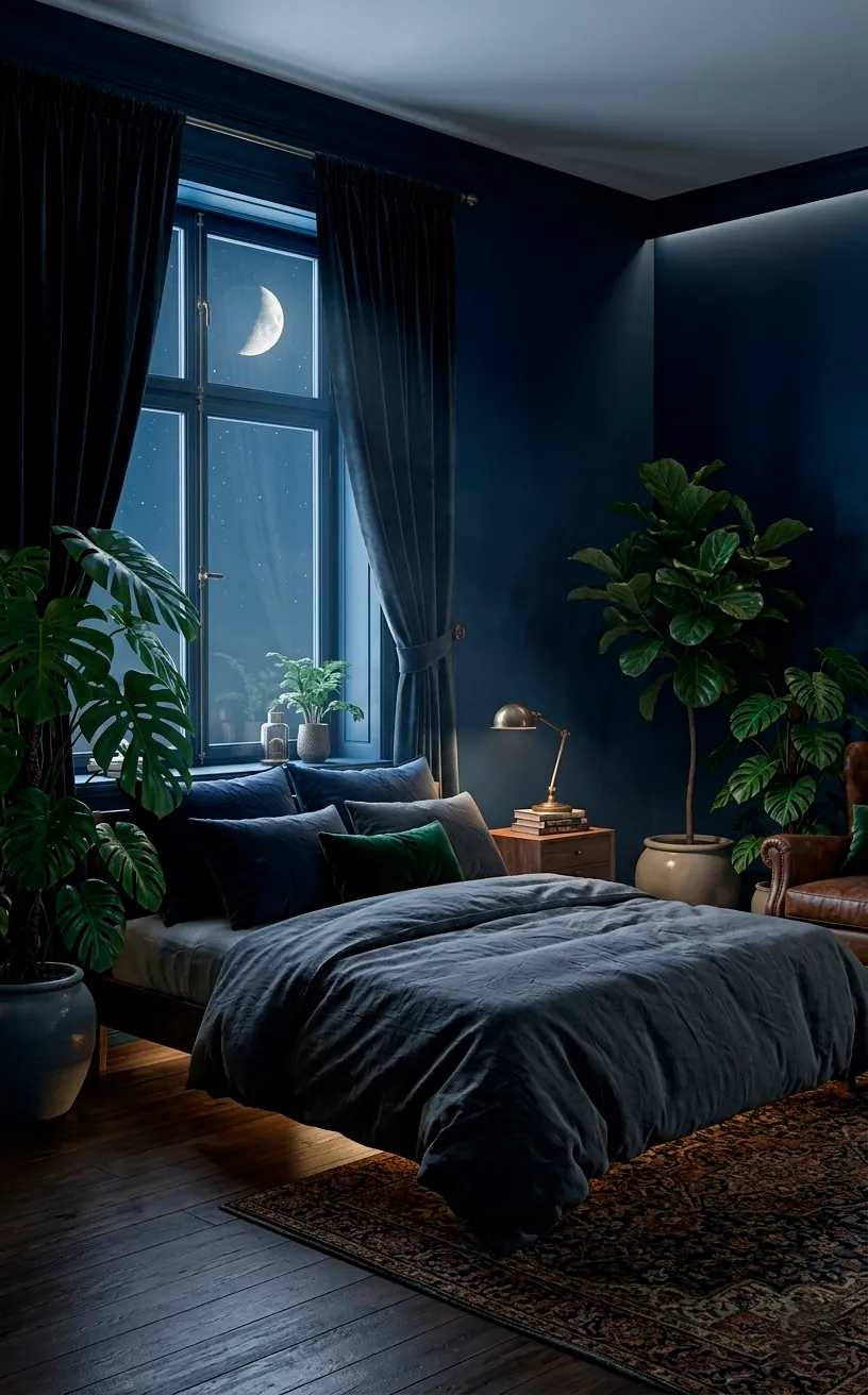 Moody navy bedroom with charcoal bedding and large emerald green indoor plants.
