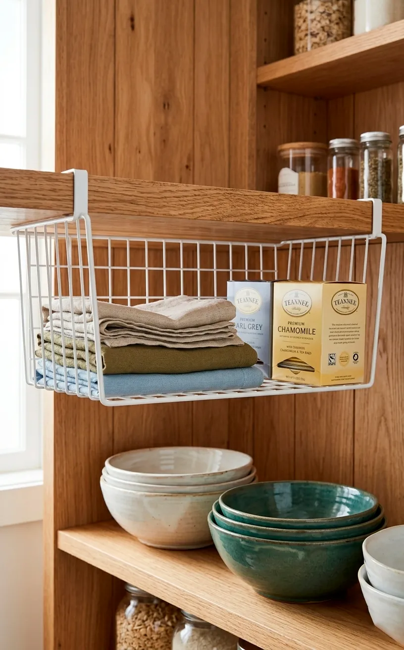 White wire under-shelf basket storing tea and linens in a pantry.