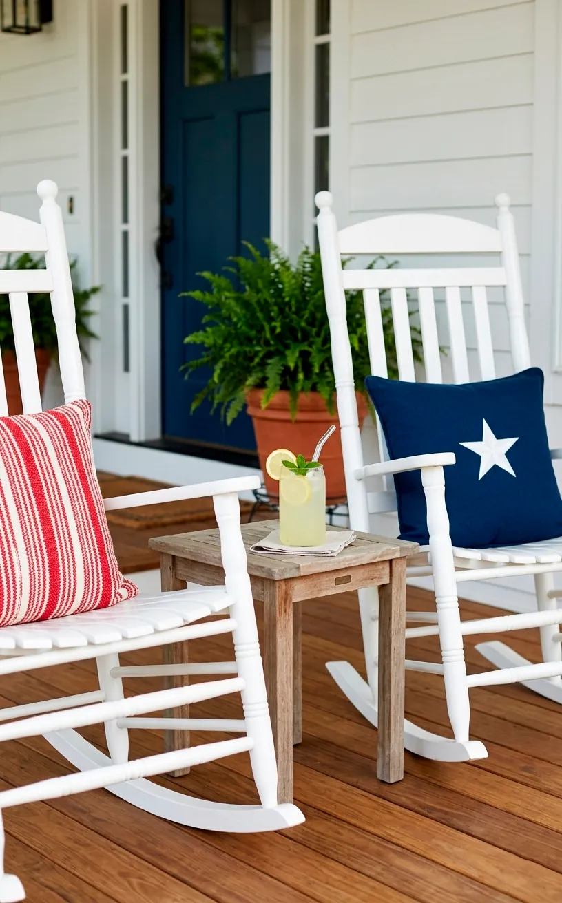 White rocking chairs on a porch with patriotic red, white, and blue pillows.