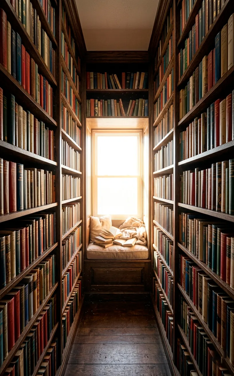 Perspective shot of bookshelves leading to a sunny library window seat.