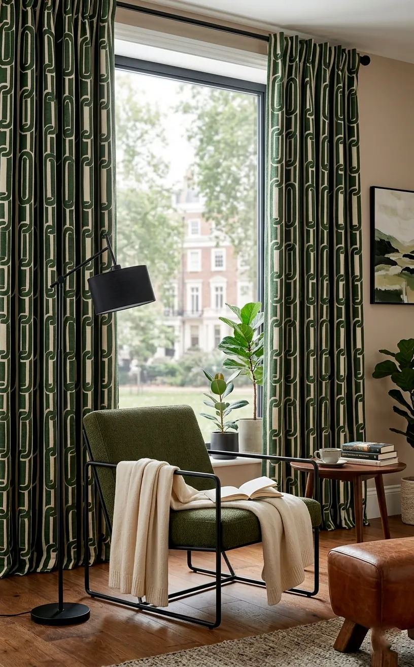 Modern reading nook with dark green geometric link curtains and a black metal chair.