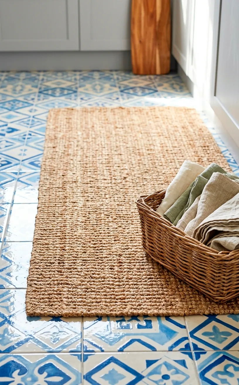 Woven jute rug on top of blue patterned tiles with a wicker basket in a bright kitchen.