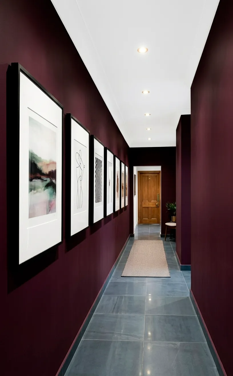 Plum-colored hallway with white-matted art and a bright white ceiling for contrast.