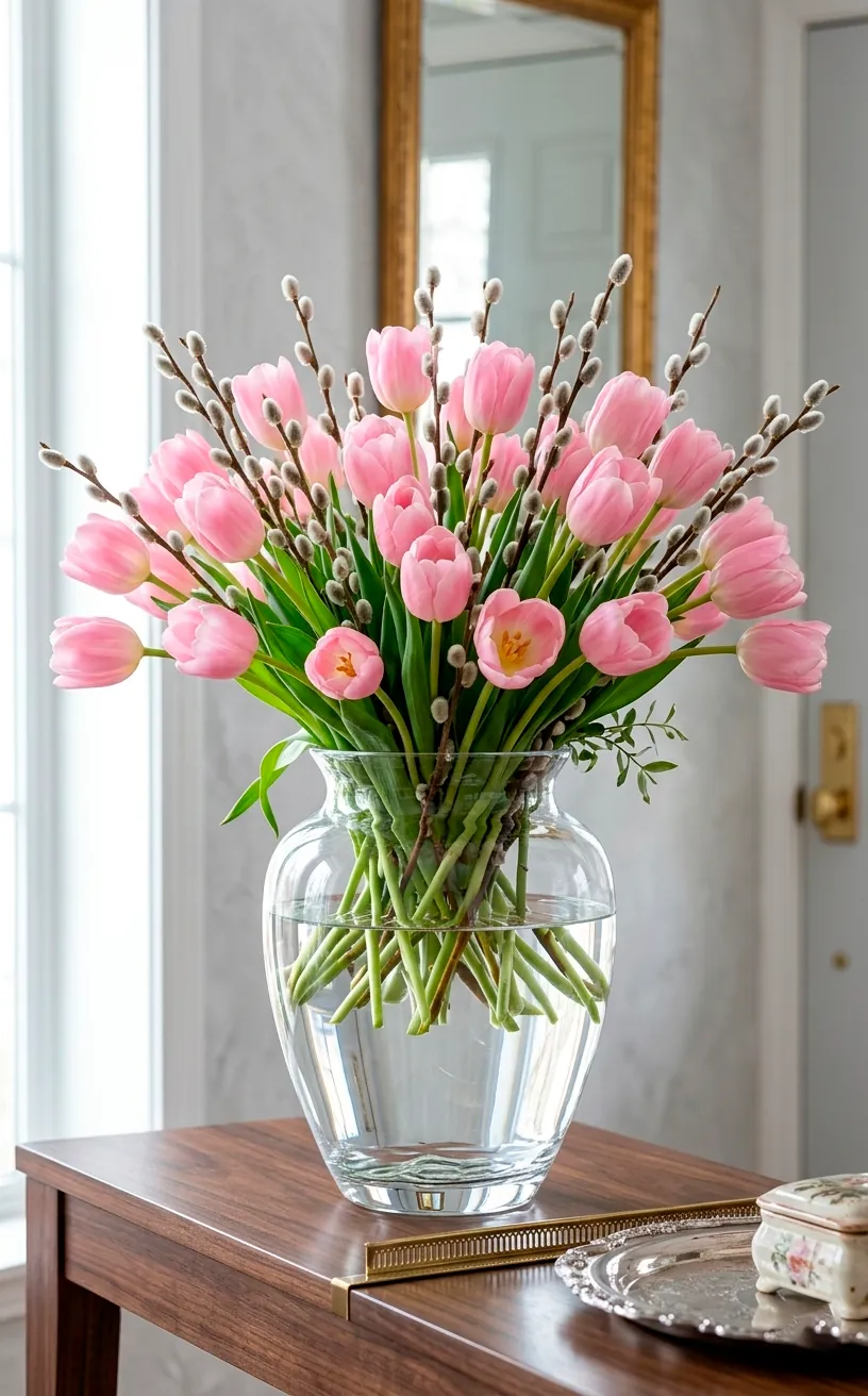 Large arrangement of pastel pink tulips and pussy willow branches in a clear glass vase.