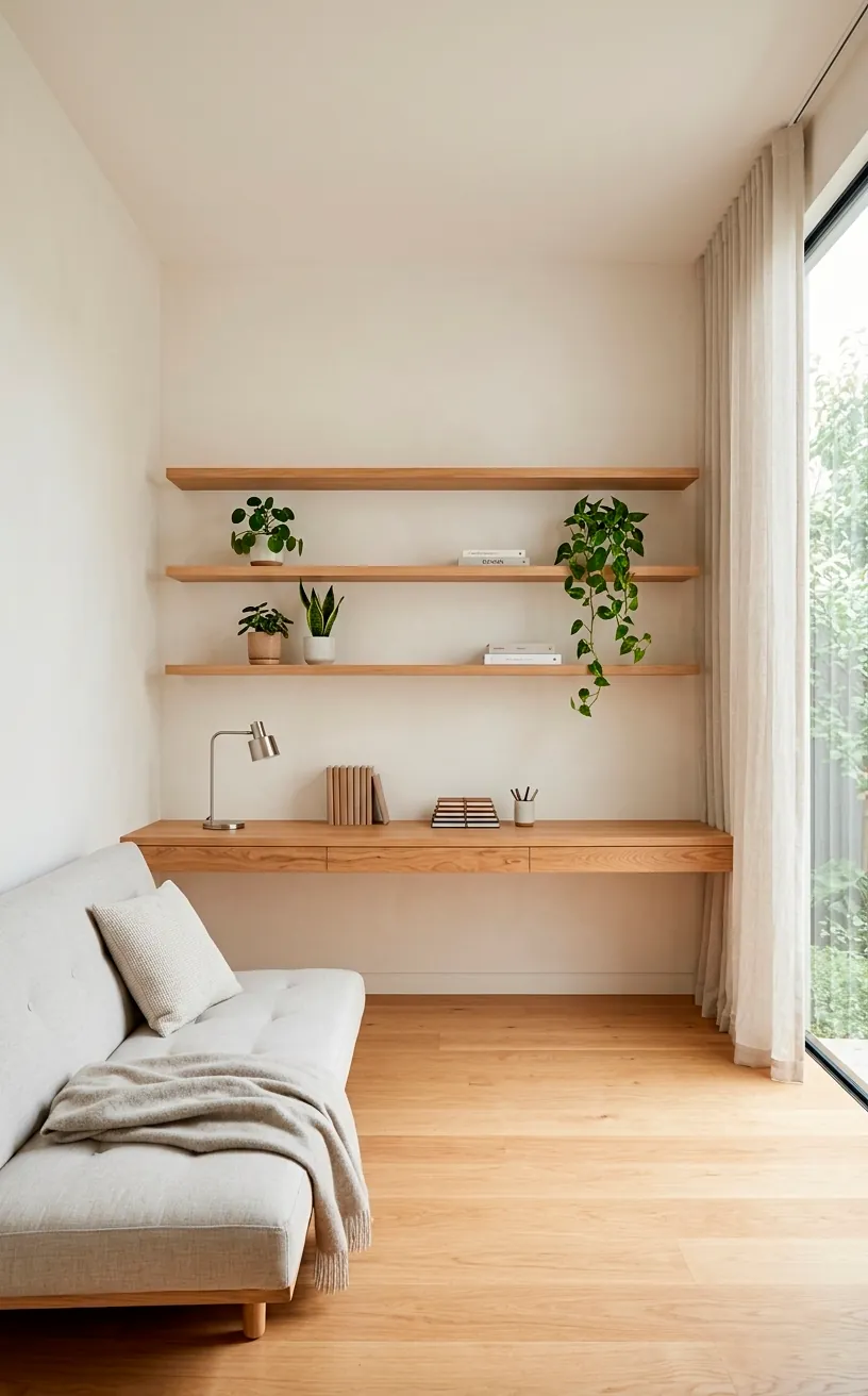 Minimalist guest room with a long floating oak desk and floating shelves.