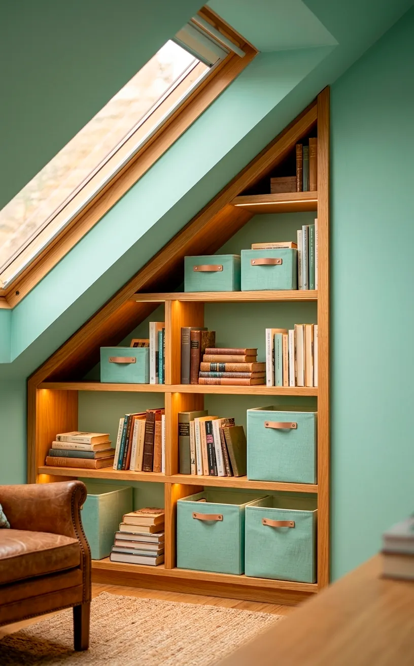 Custom oak shelving built into a slanted attic ceiling with mint green storage accents.
