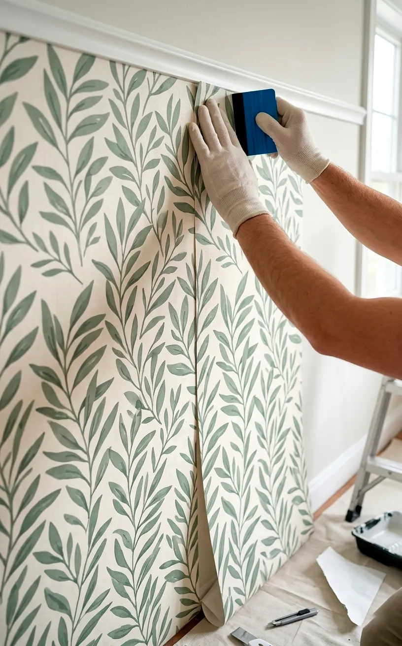 Hands smoothing sage green botanical wallpaper against a ceiling line during installation.