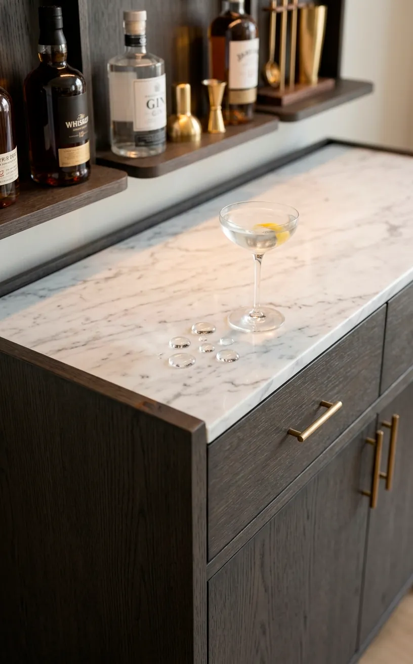 Dark wood bar cabinet with a white marble top and cocktail glass.