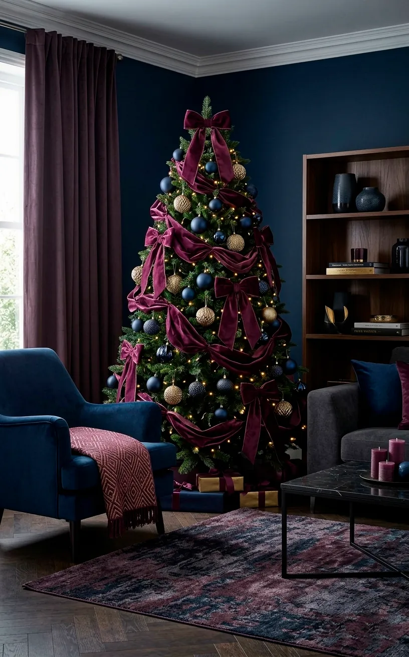Moody holiday tree decorated with plum velvet ribbons and gold ornaments.