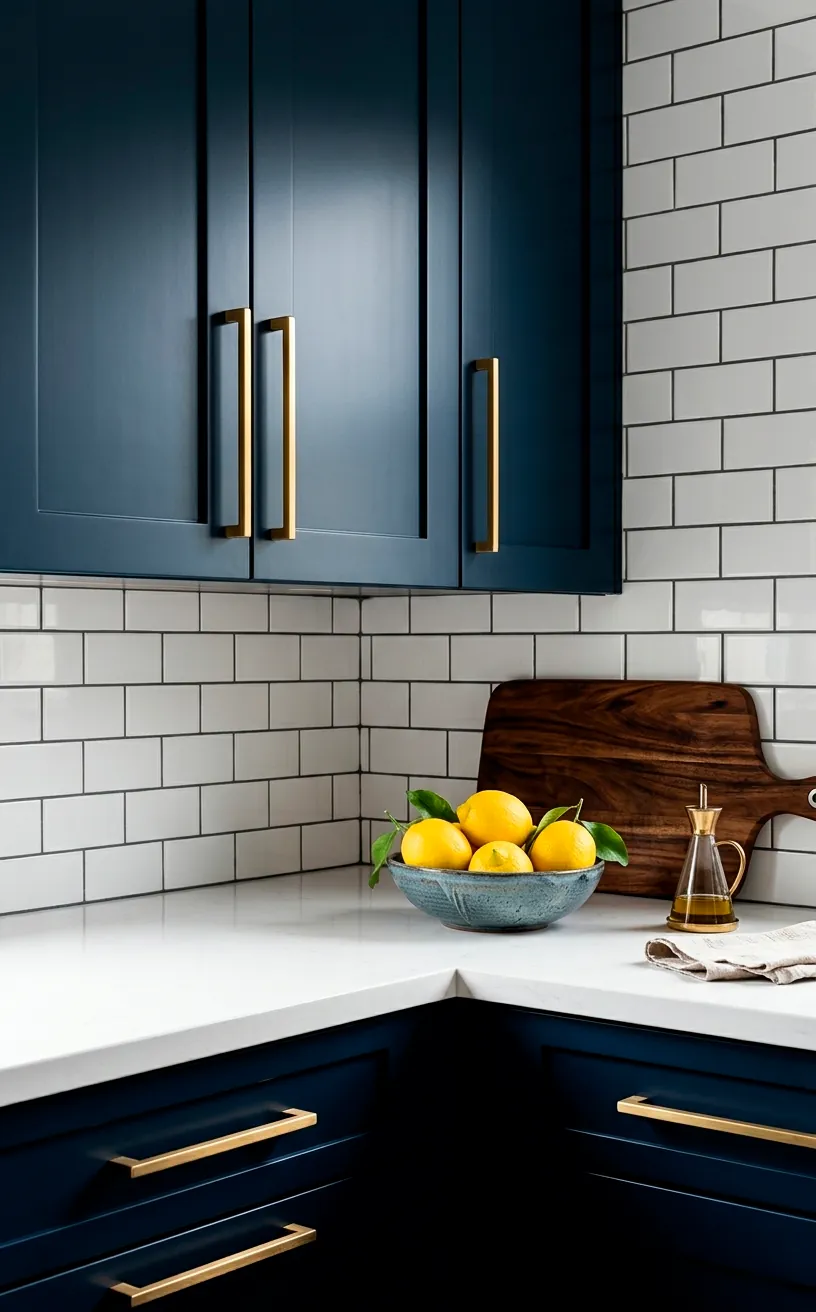 Navy kitchen cabinets with brushed brass hardware and white backsplash.