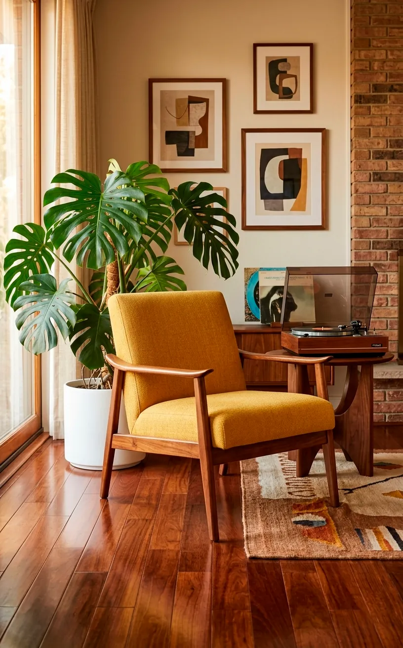 Mustard yellow mid-century modern armchair in a cozy reading nook with plants.
