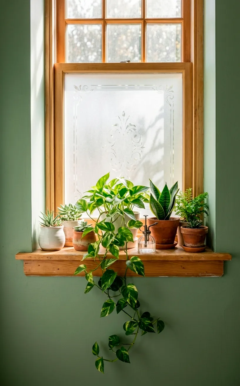 Potted houseplants on a wooden window sill against a sage green bathroom wall.