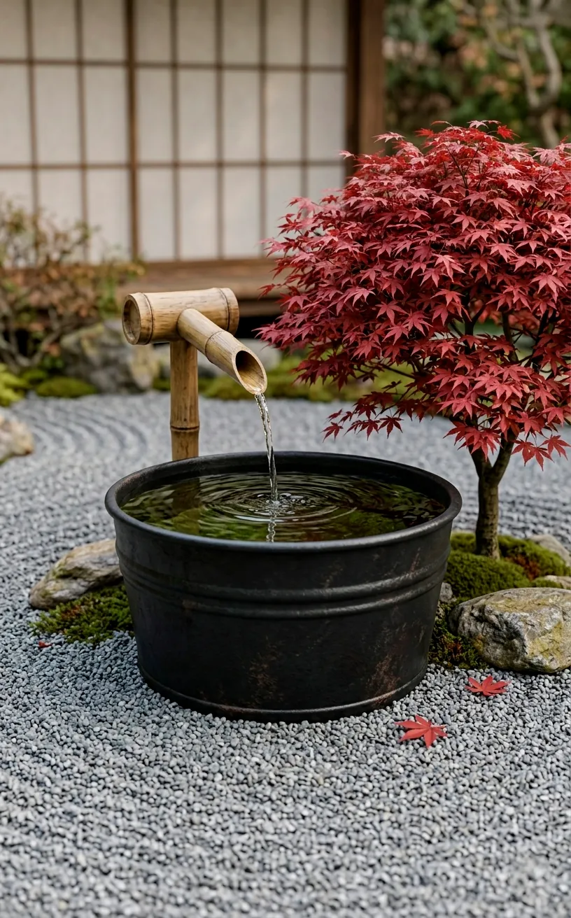 Zen style black stock tank pond with a bamboo fountain and red Japanese Maple.