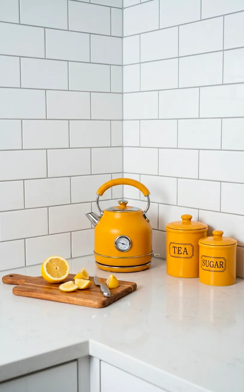 Mustard yellow electric tea kettle and canisters on a kitchen counter.