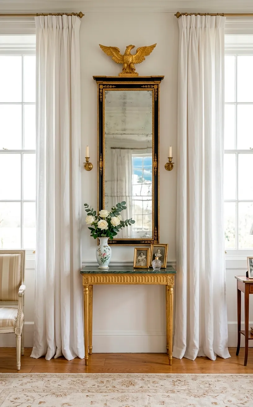 Tall narrow Regency pier mirror with an eagle crest between two bright windows.