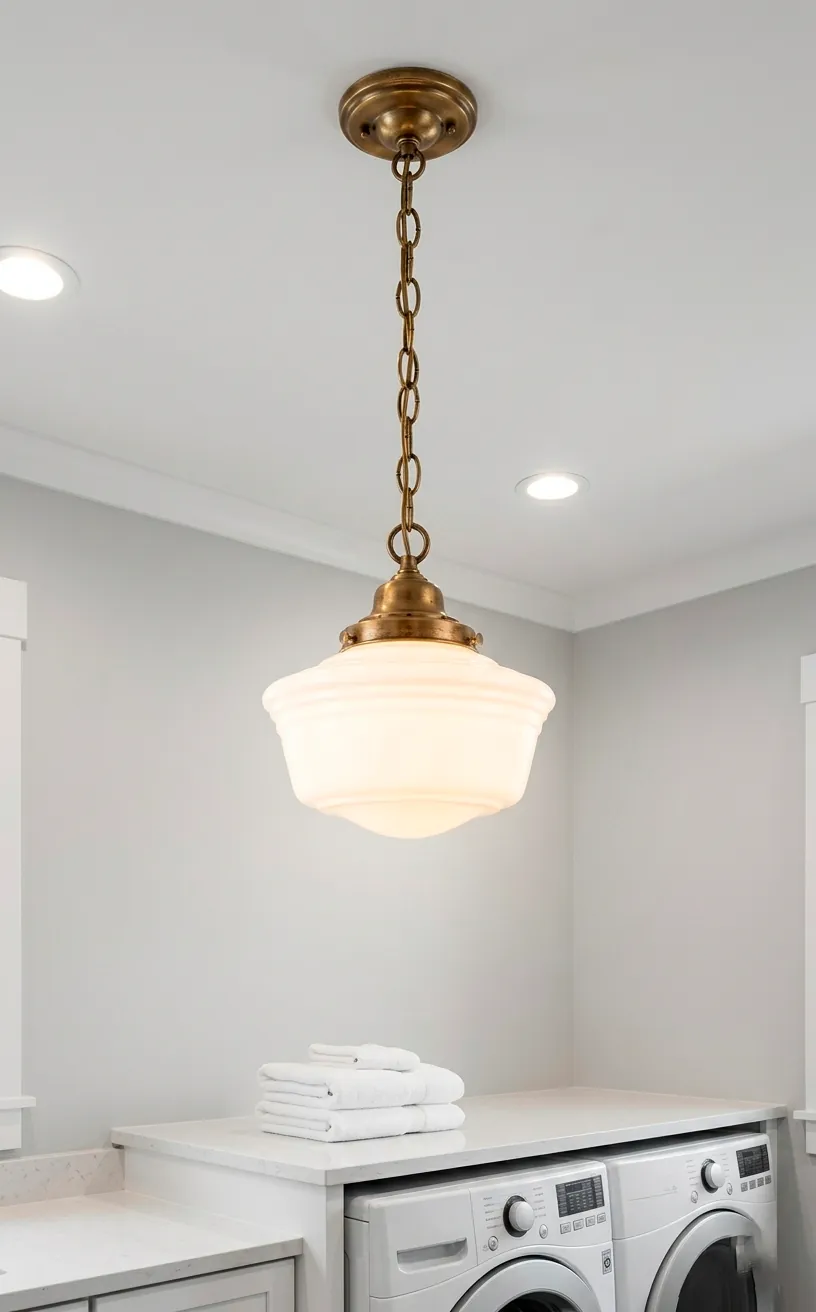 Antique schoolhouse pendant light with milk glass shade in a modern laundry room setting.