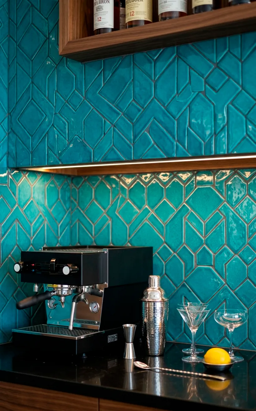Modern bar backsplash with bright turquoise geometric tiles and under-cabinet lighting.