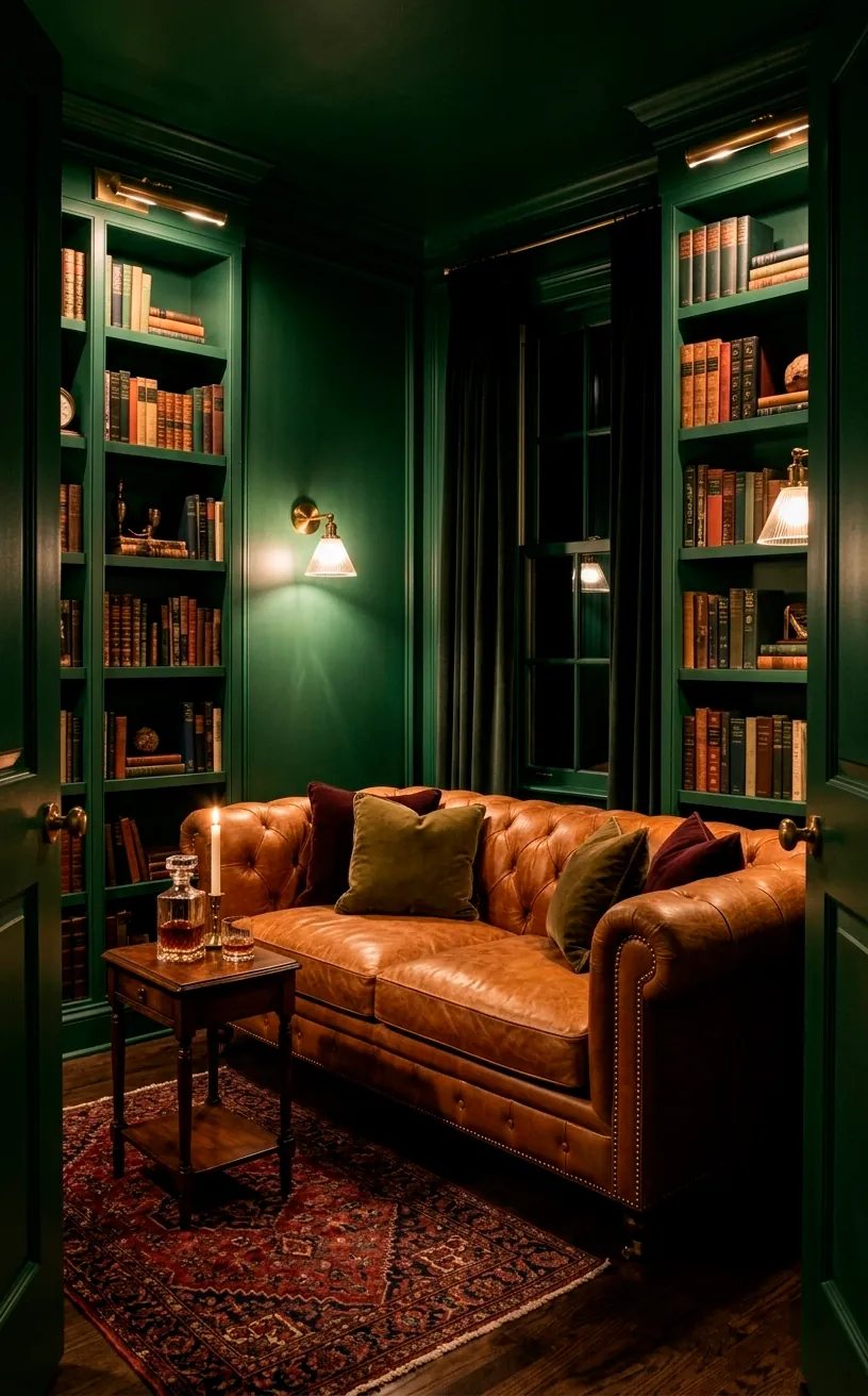 Moody forest green small living room with matching walls and trim for a luxe look.