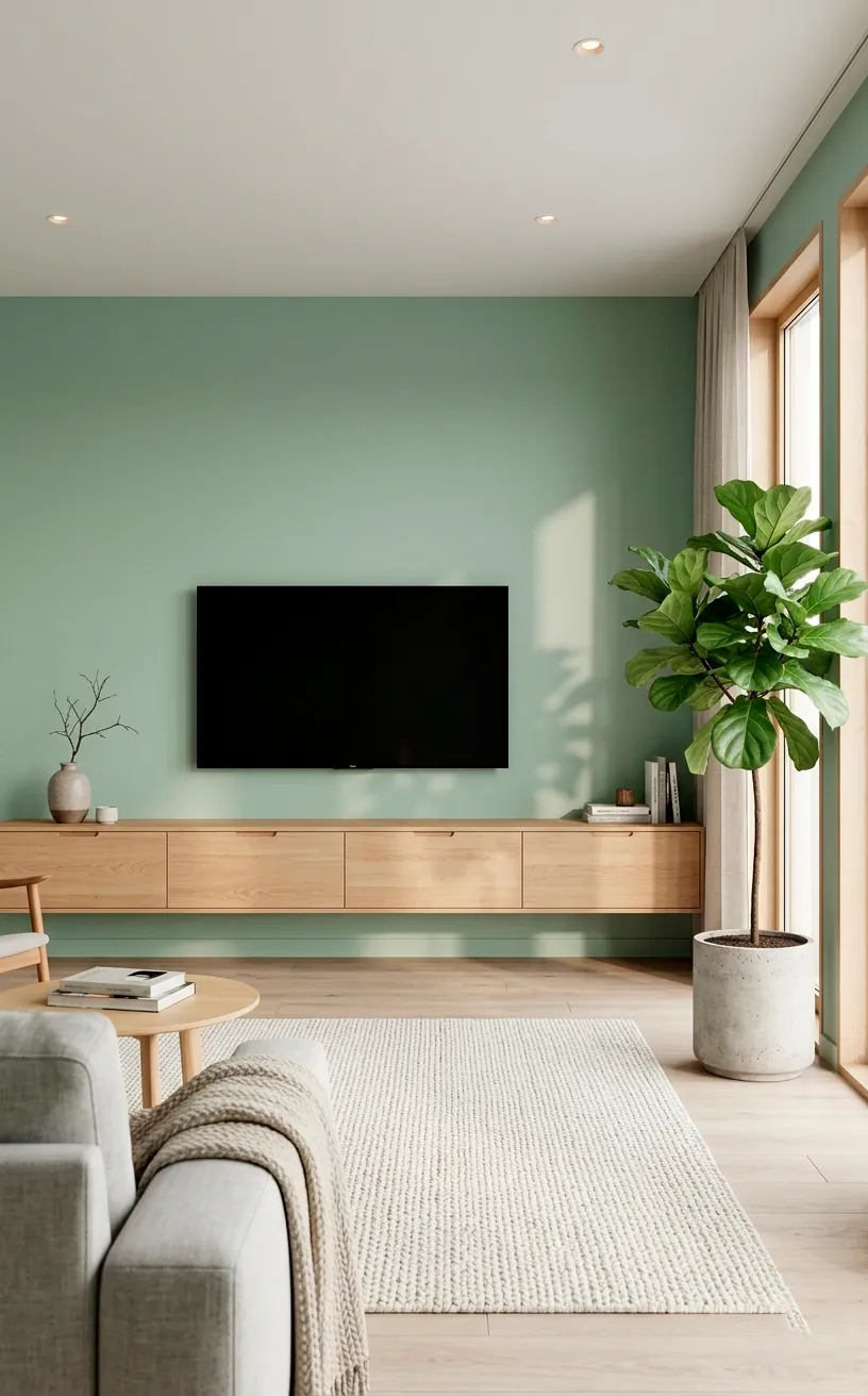 Scandinavian light oak floating TV unit on a sage green wall with natural lighting.