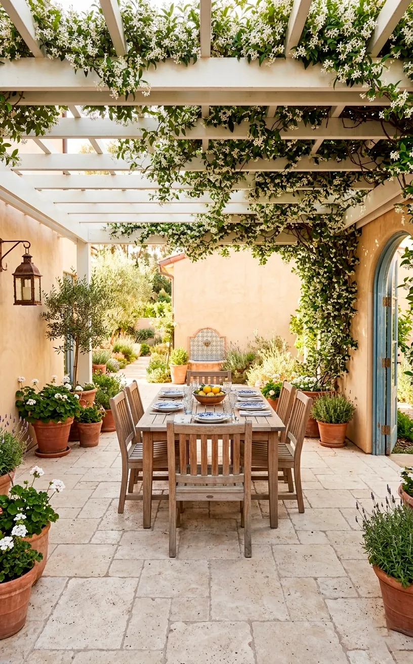 Light limestone patio with a jasmine-covered pergola and Mediterranean style decor.