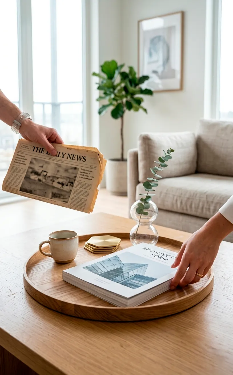 Hand swapping an old magazine for a new one on a clean coffee table to show the one-in one-out rule.