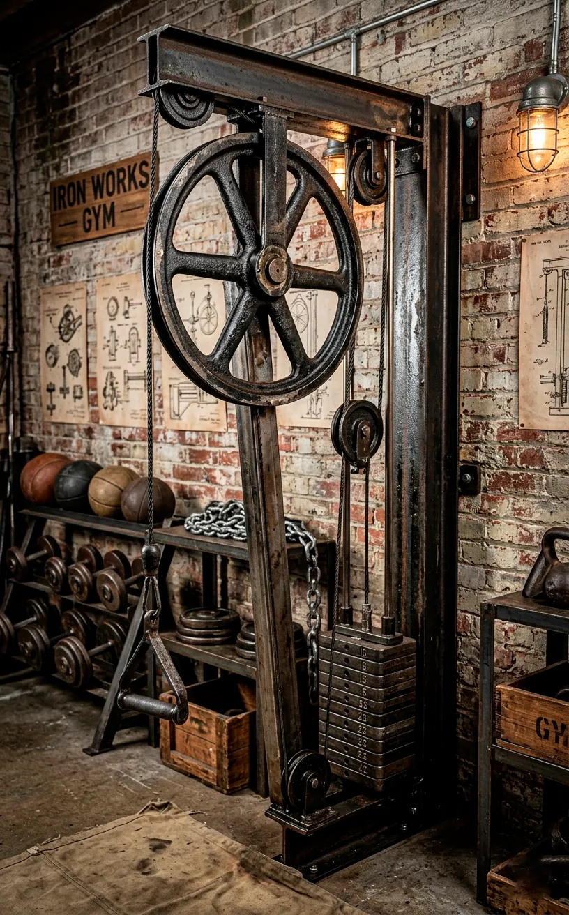 Vintage style industrial cable pulley machine mounted on a brick wall.