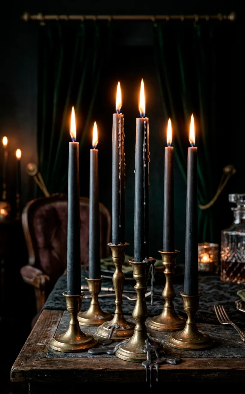 Burning charcoal taper candles in brass holders with dripping wax in a dark room.