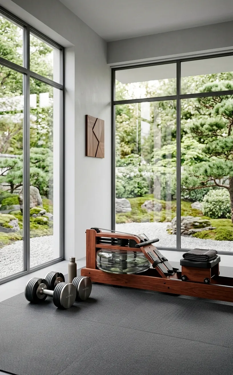 Minimalist home gym with a wooden water rower and sleek adjustable dumbbells on a gray mat.