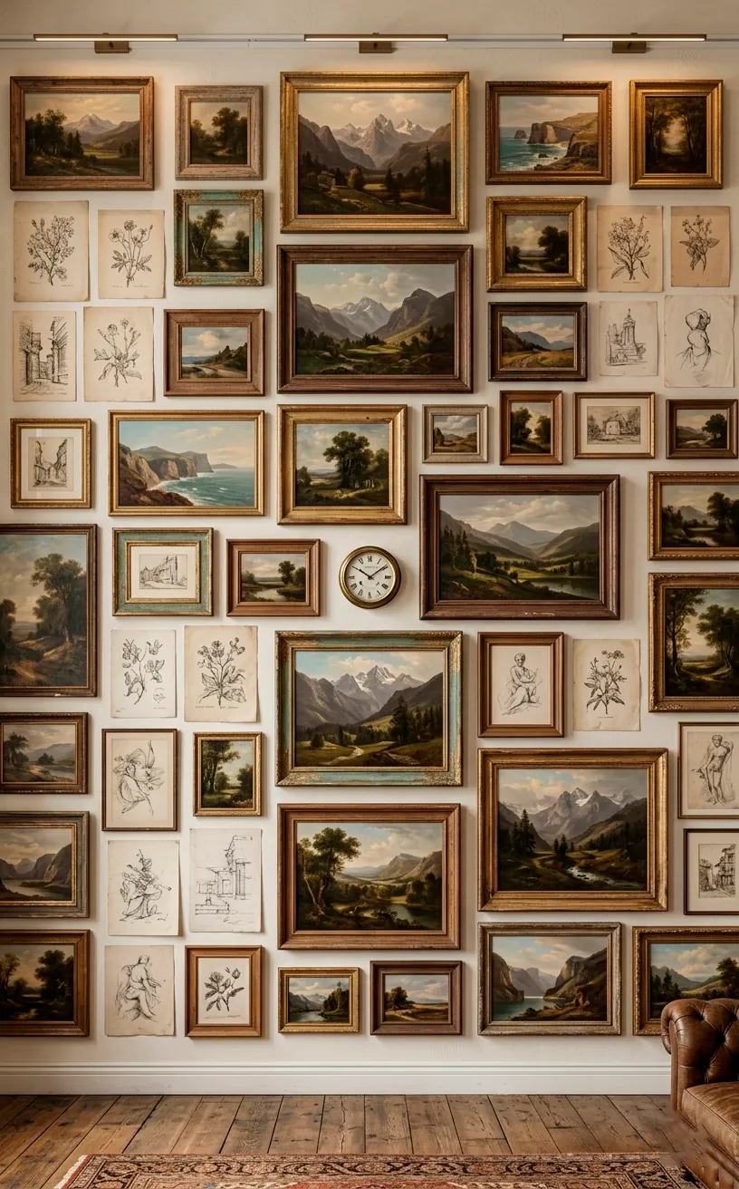 An eclectic gallery wall featuring oil paintings, sketches, and an antique clock in mismatched frames.