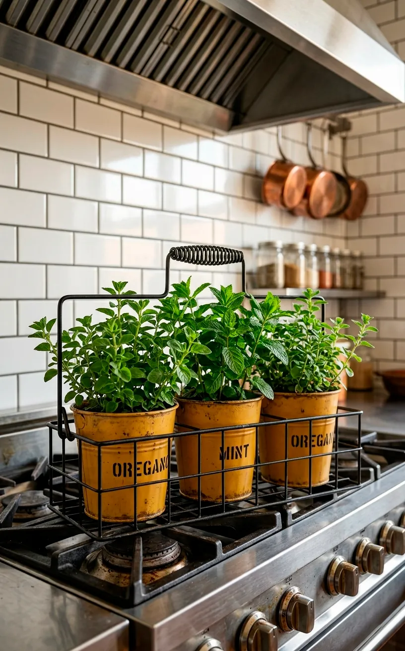 Mustard yellow metal herb buckets in a black metal carrier on a kitchen counter.