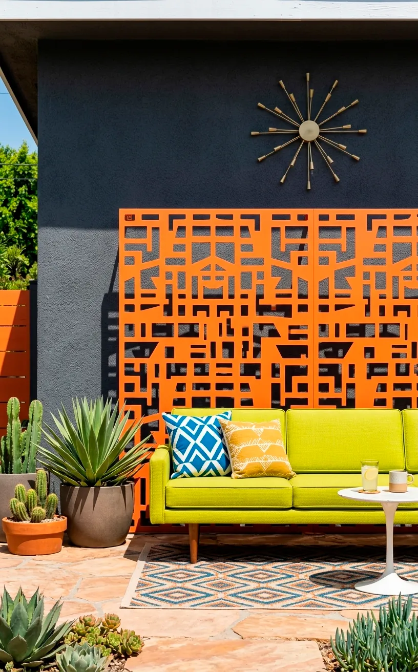 Bright tangerine orange geometric privacy screen against a dark grey modern house wall.