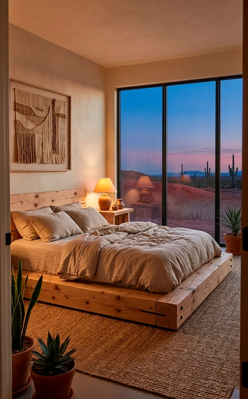 Low-profile raw wood bed frame with sand-colored linen bedding.