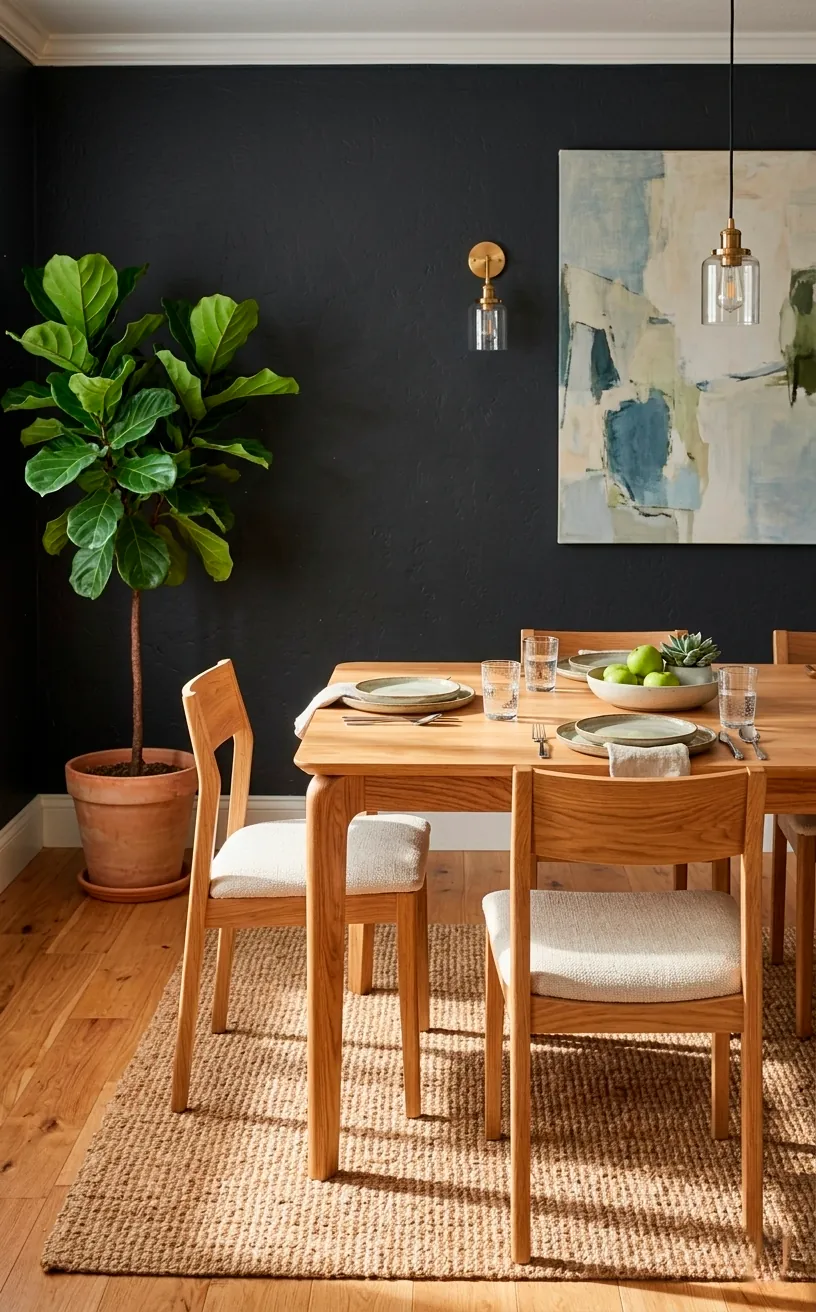 Light oak dining set contrasted against dark charcoal walls with a large houseplant.