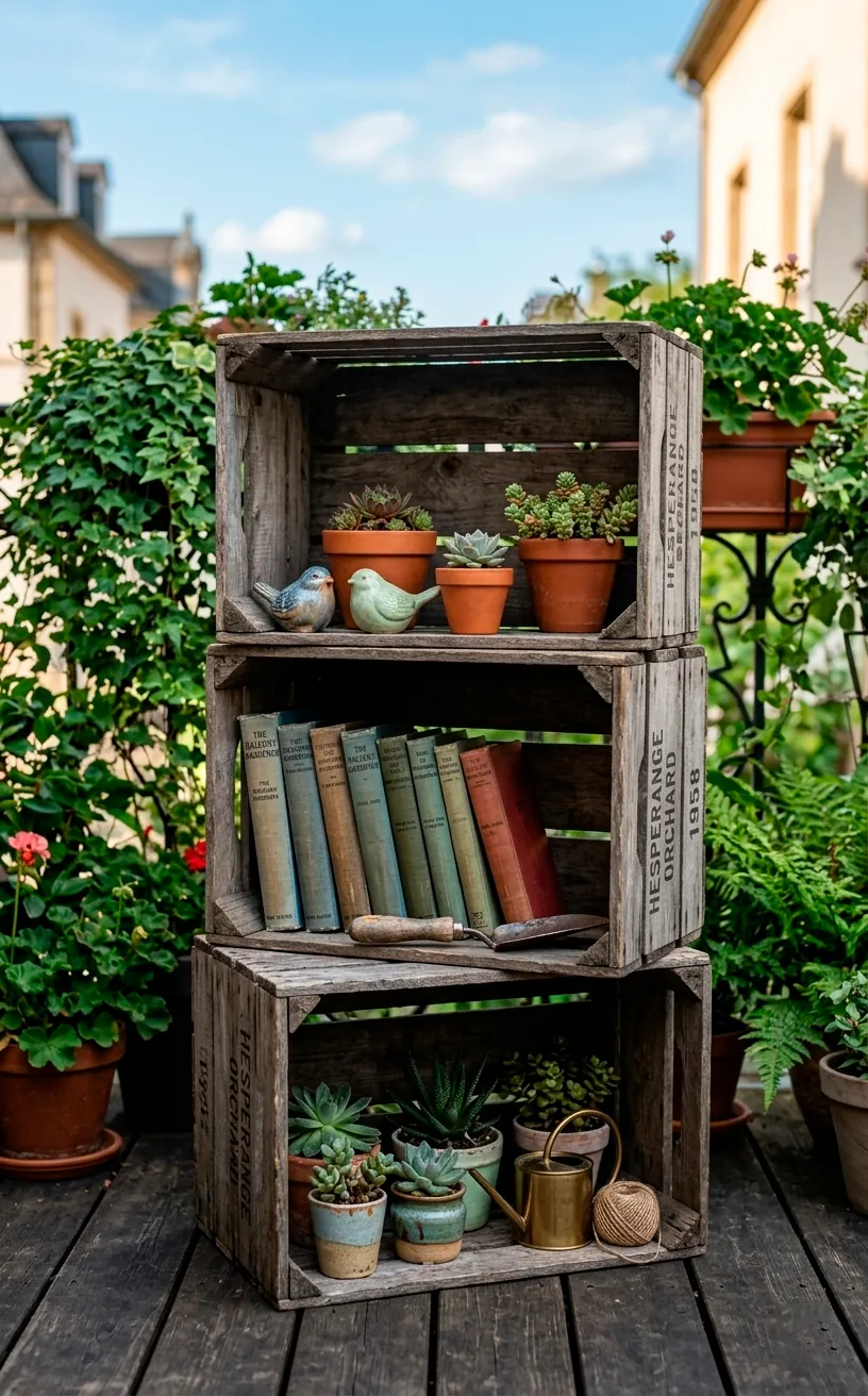 Stacked vintage wooden crates used as shelving on a balcony.