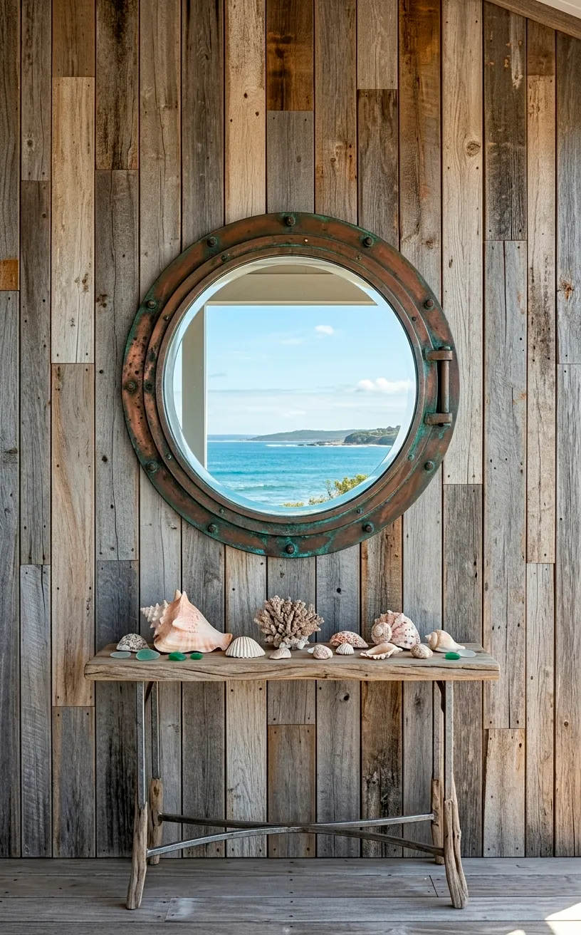 Reclaimed weathered wood accent wall on a porch with a porthole mirror.