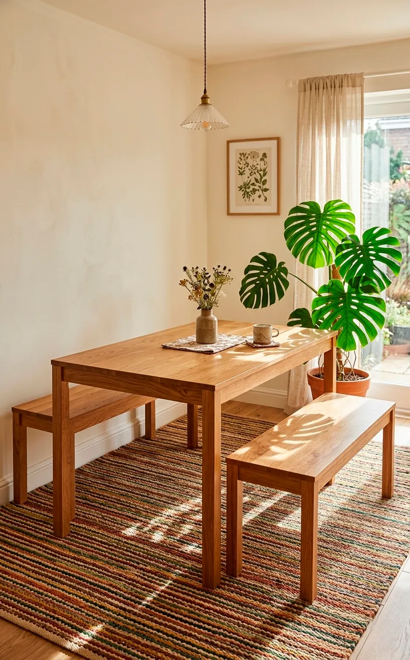 Multi-colored striped rug in an earthy palette under an oak dining table.
