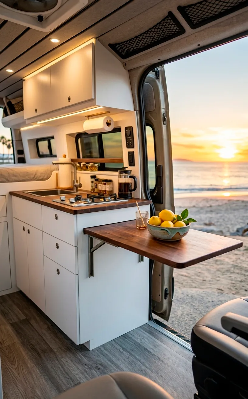 Flip-up wooden countertop extension in a camper van with a beach sunset background.