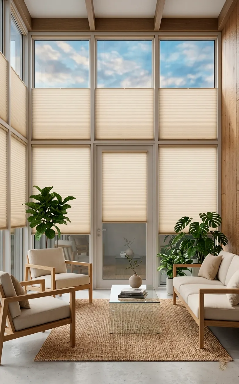Modern sunroom with top-down bottom-up honeycomb shades for privacy and light control.