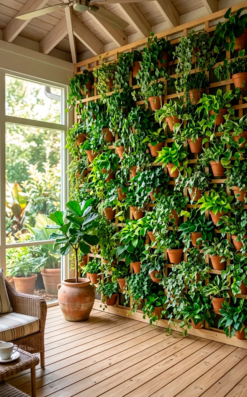 Lush vertical garden wall with trailing plants in an enclosed porch.