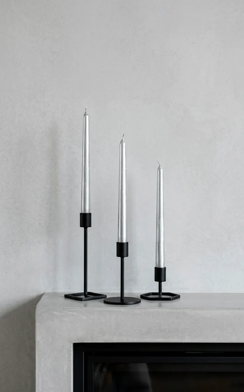 Tall metallic silver taper candles in modern black holders on a mantel.