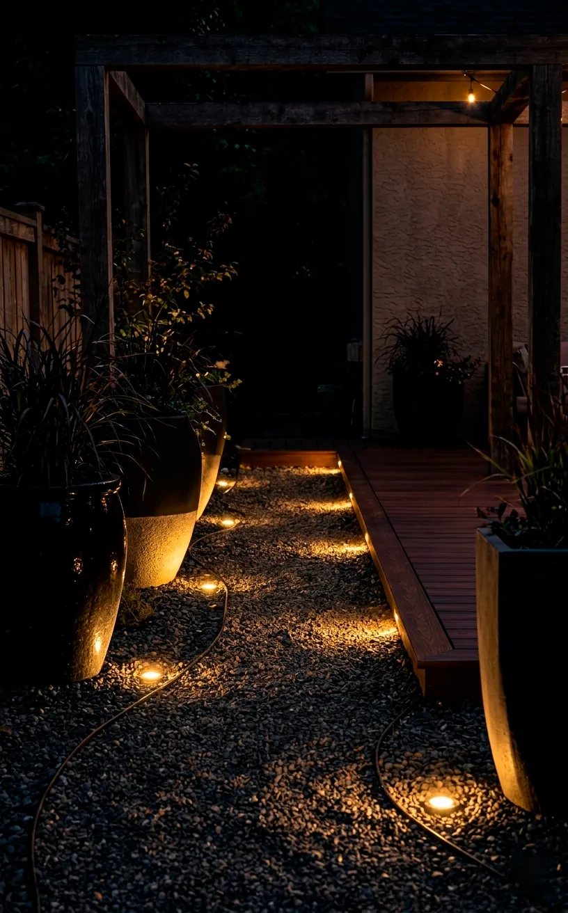 Low-level amber lighting illuminating a dark gravel path and black planters.