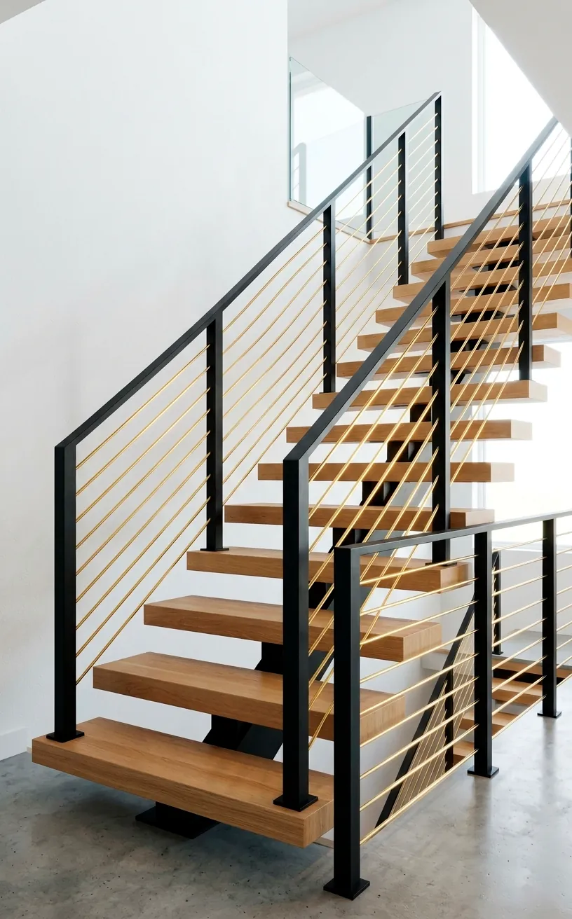 Modern cable railing with black posts and horizontal brass wires on floating stairs.
