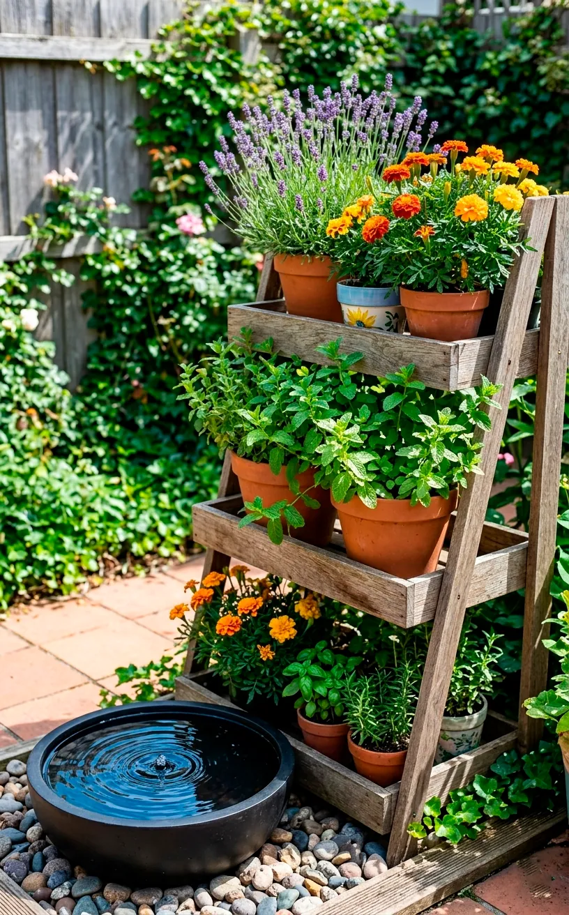 Tiered plant stand with herbs and a modern basin water feature in a sunny yard.