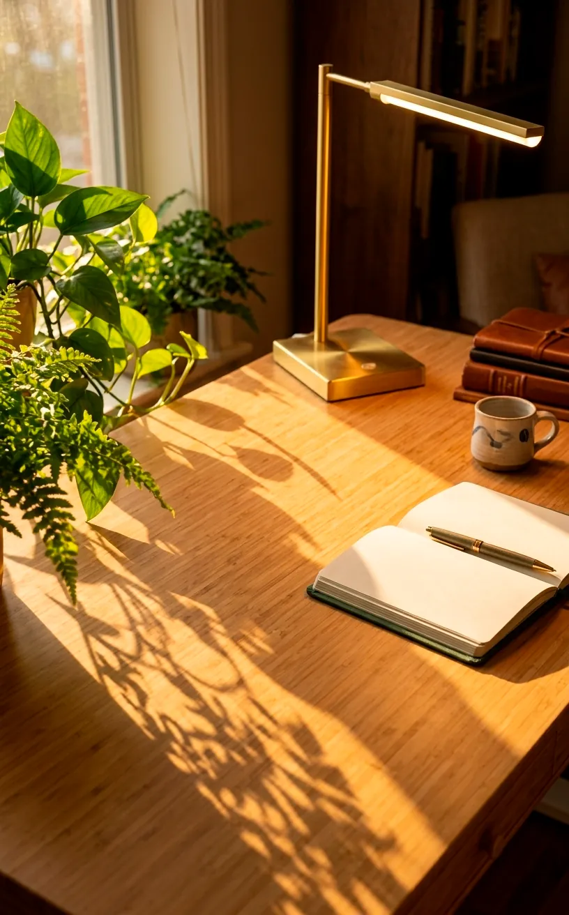 Warm golden hour lighting on a bamboo desk with a modern brass lamp and plant shadows.