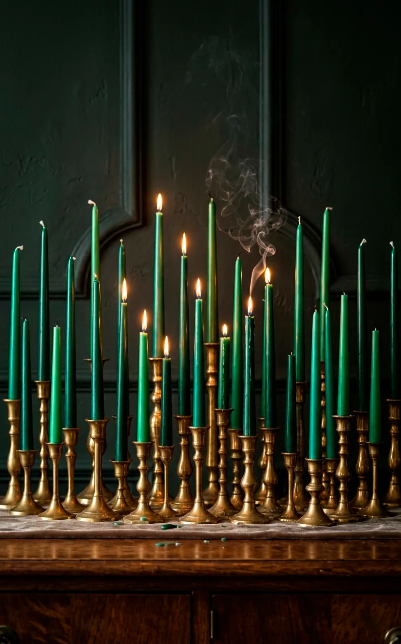 Collection of emerald green taper candles in gold brass holders on a dark sideboard.