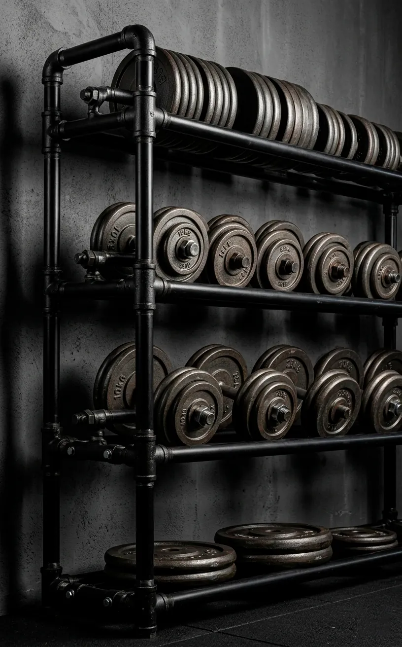 Dumbbell rack made from black industrial plumbing pipes in a home gym.