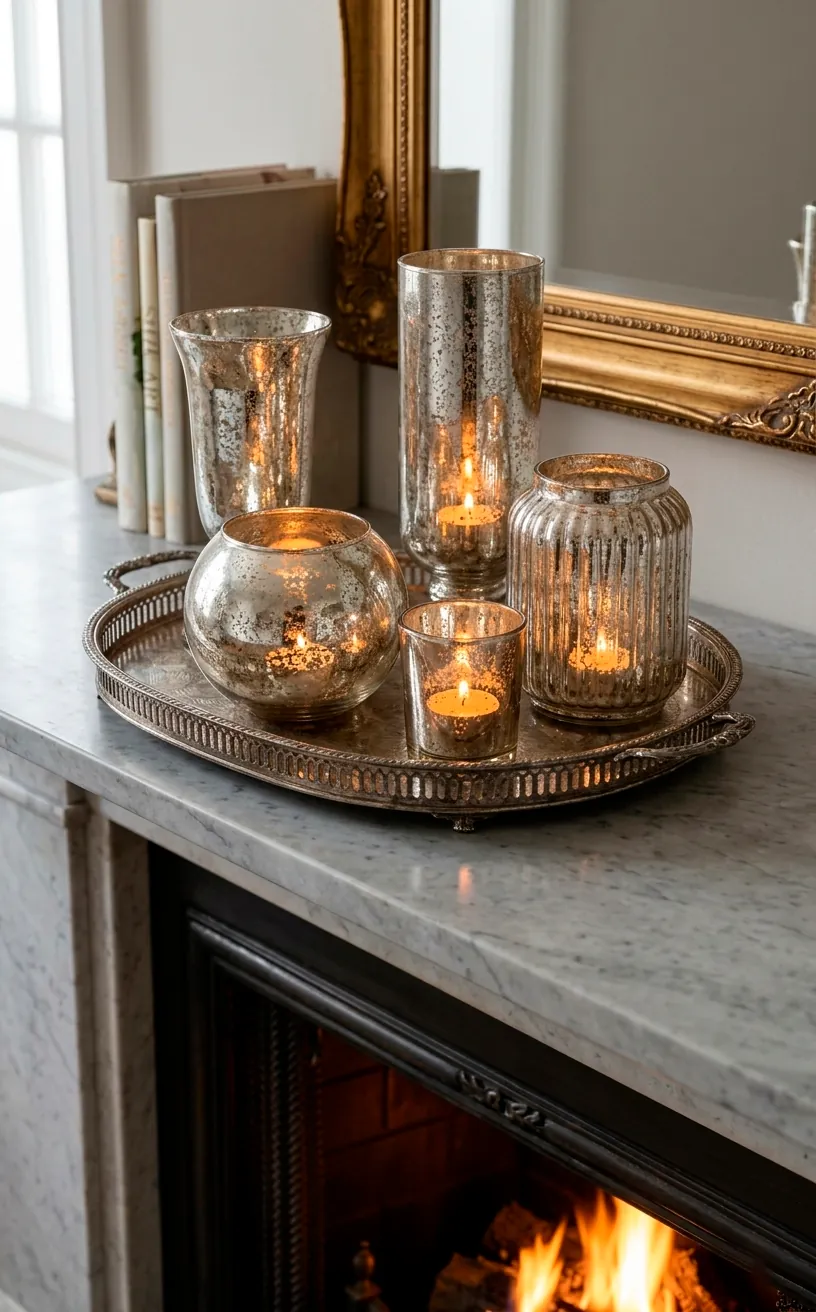 Cluster of silver mercury glass candle holders with flickering candles on a fireplace.