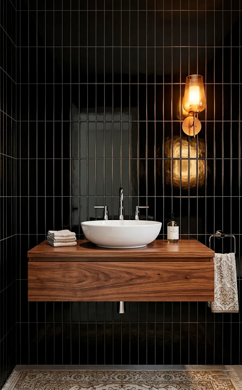 Glossy black subway tiles in a modern powder room with a wood vanity.