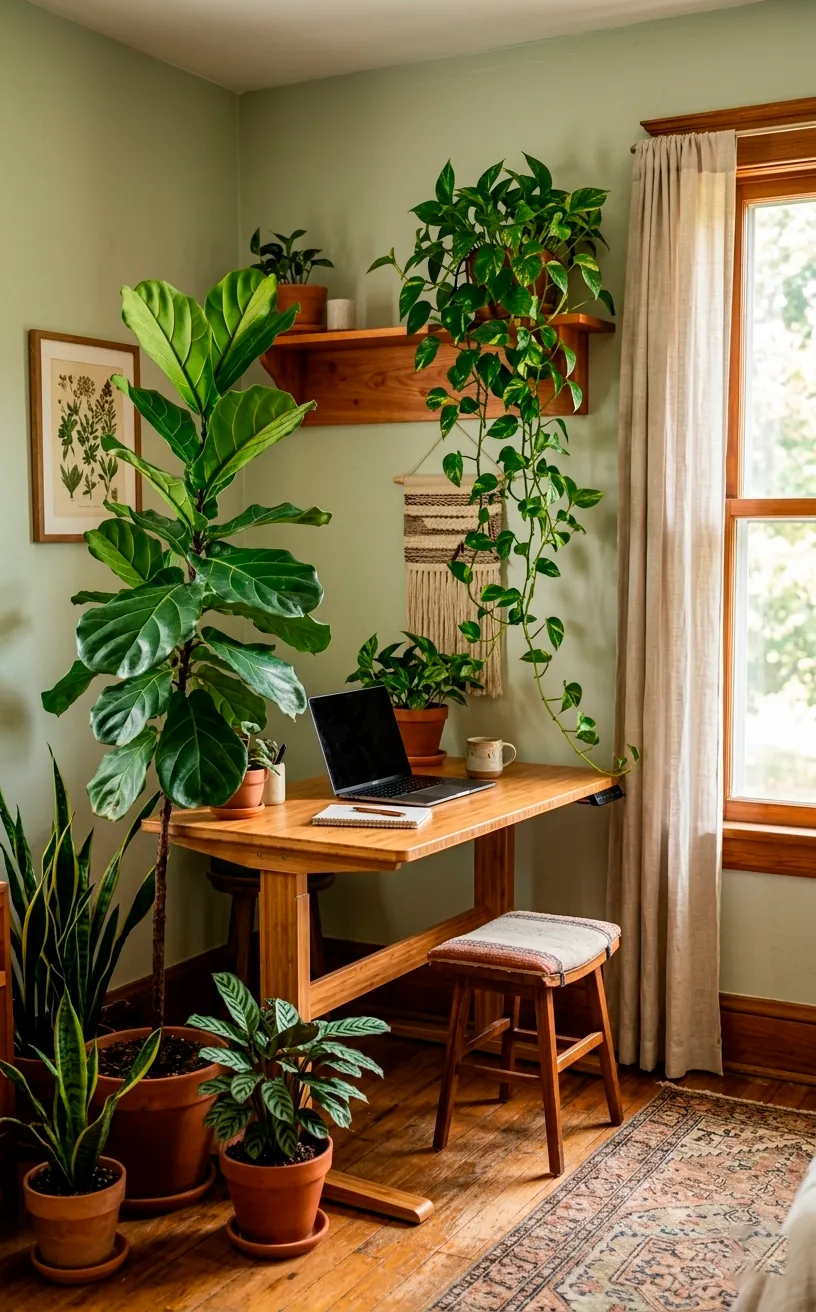 Lush indoor plants including a Fiddle Leaf Fig surrounding a natural bamboo standing desk setup.