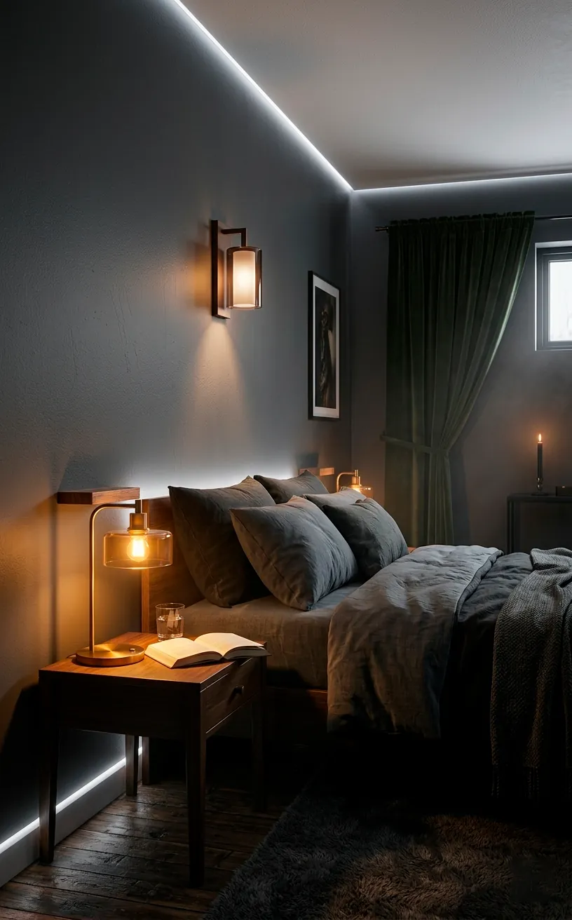 Dark bedroom with layered lighting including a wall sconce and warm bedside lamp.